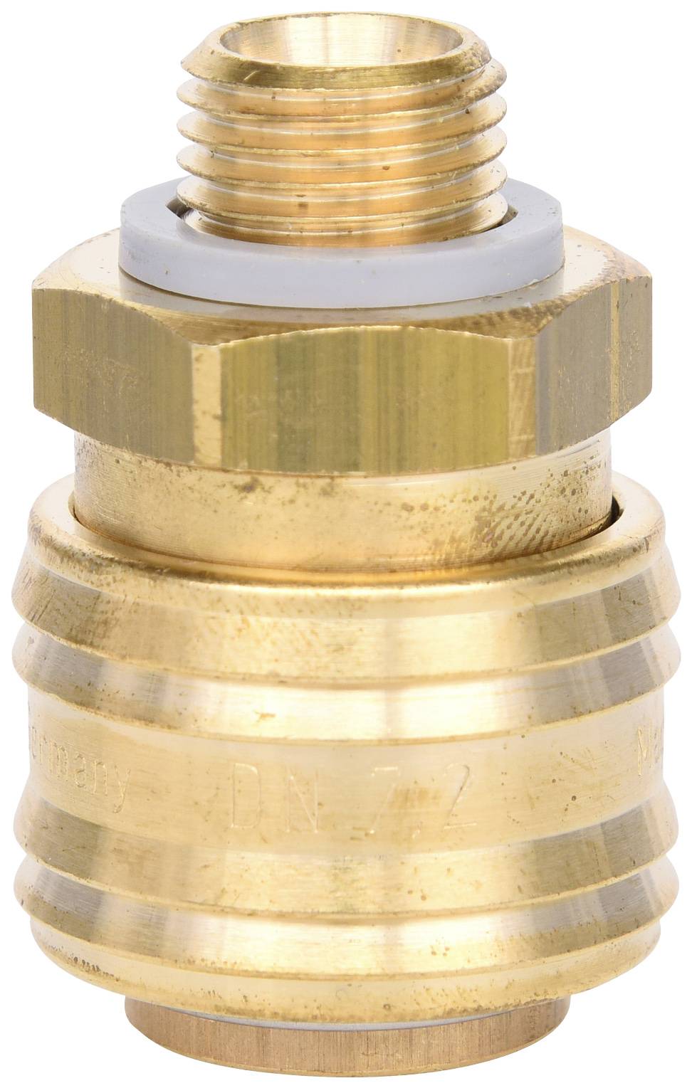 Messing-Schnellkupplung, zylinderförmig mit Gewindeanschluss. Wird verwendet für schnelle Verbindungen in hydraulischen oder pneumatischen Systemen.