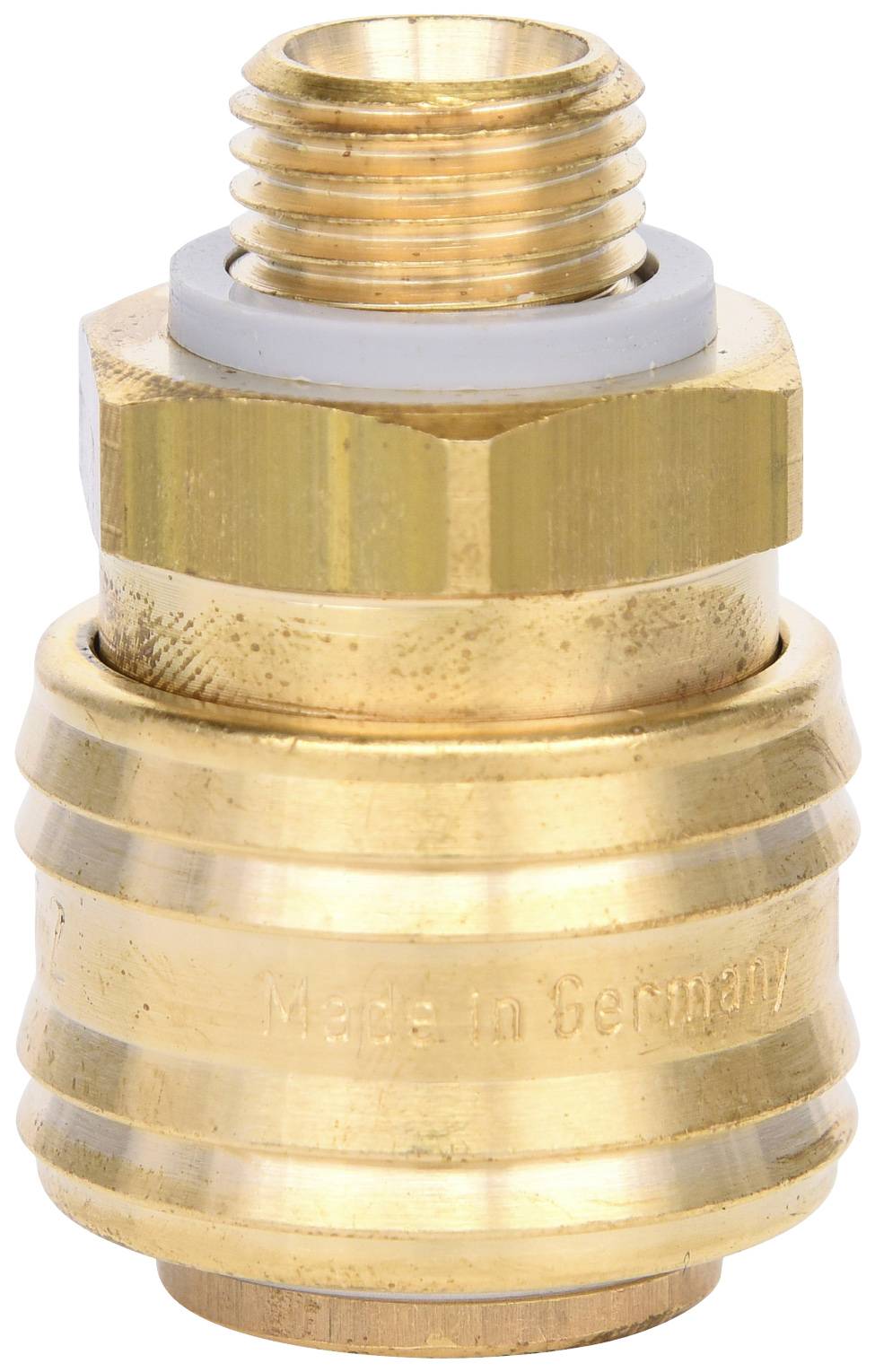 Messing-Steckkupplung mit Gewindeanschluss, geprägt mit 'Made in Germany'. Verwendet für Druckluft- und hydraulische Systeme.