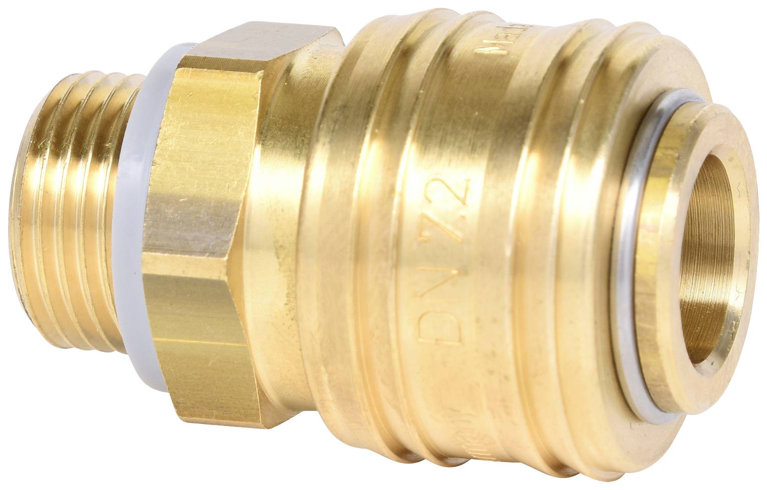 Messing-Schnellkupplung mit Außengewinde, geeignet für Druckluftsysteme. Sie zeigt ein robustes Design für industrielle Anwendungen.