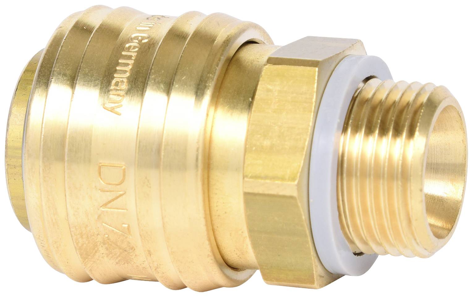 Messing-Schraubverbinder mit Gewinde, geeignet für Rohrverbindungen.
