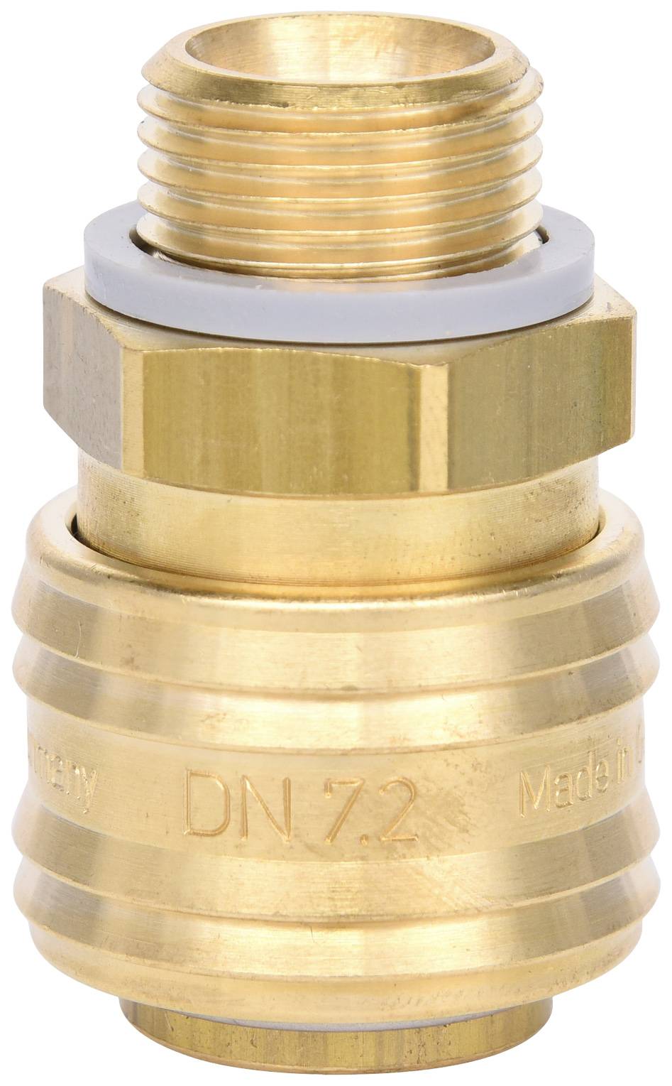 Messingverbindungselement mit Gewinde und sechseckigem Anschlag, verwendet für Rohrleitungen oder Installationen.