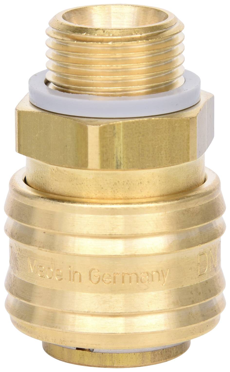 Ein goldfarbener, zylindrischer Metallanschluss aus Messing mit Schraubgewinde, auf dem 'Made in Germany' steht, für Rohr- oder Schlauchverbindungen.