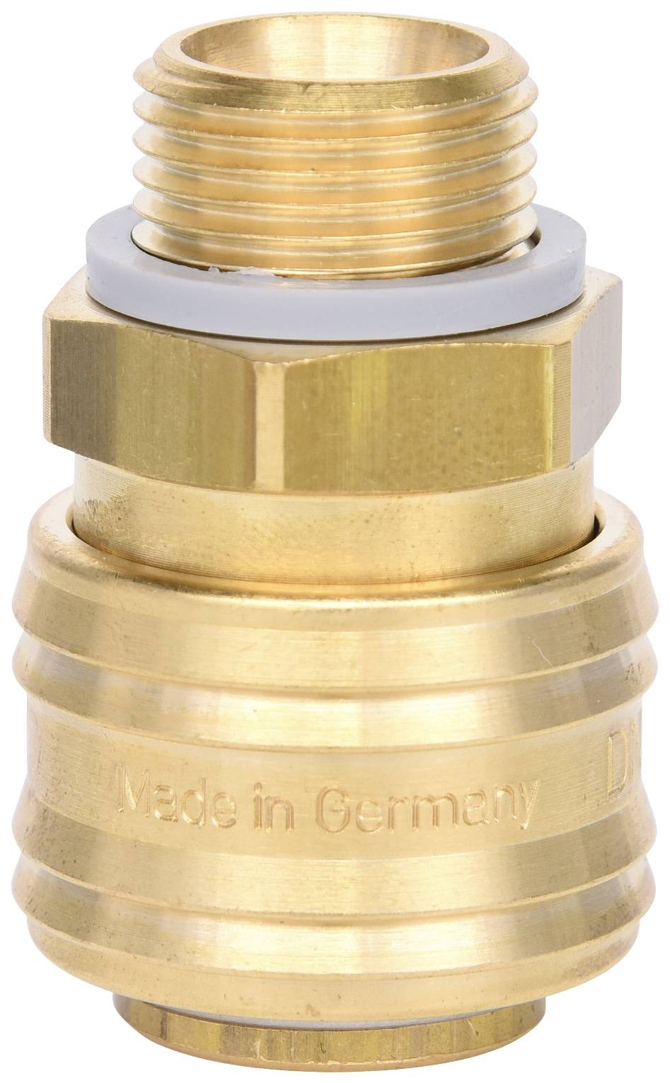 Ein Messing-Schlauchanschluss mit Gewinde und Abdichtungsring, graviert mit 'Made in Germany'.