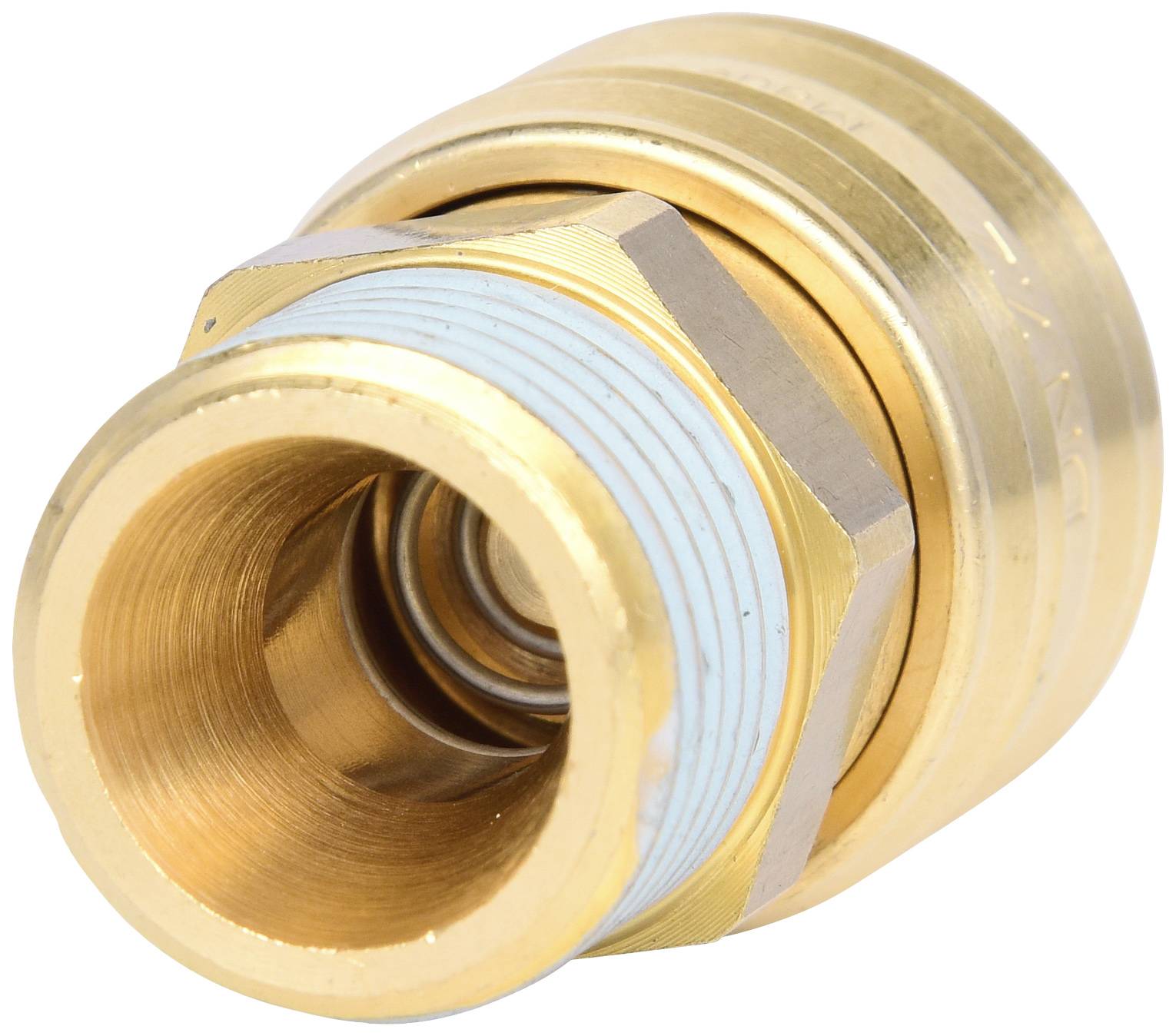 Messing-Schlauchanschluss-Kupplung mit sechseckiger Mutter und blauer Dichtung, geeignet für Wasserleitungen.