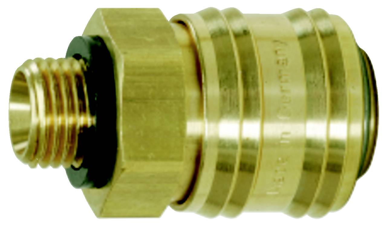 Ein Messing-Schlauchanschluss mit Gewinde. Der Anschluss ist robust, metallisch und wird für die Verbindung von Schläuchen verwendet.