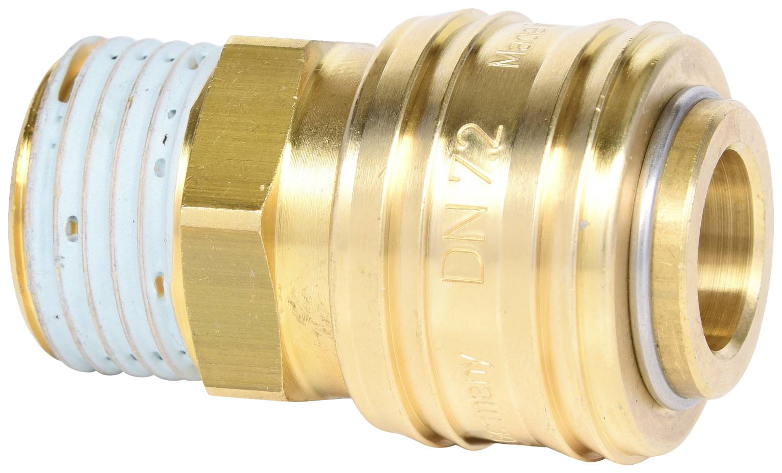 Messing-Schnellkupplung mit Gewinde, spezielle Markierungen und Rillen erkennbar. Wird zur Verbindung von Schläuchen oder Rohren verwendet.