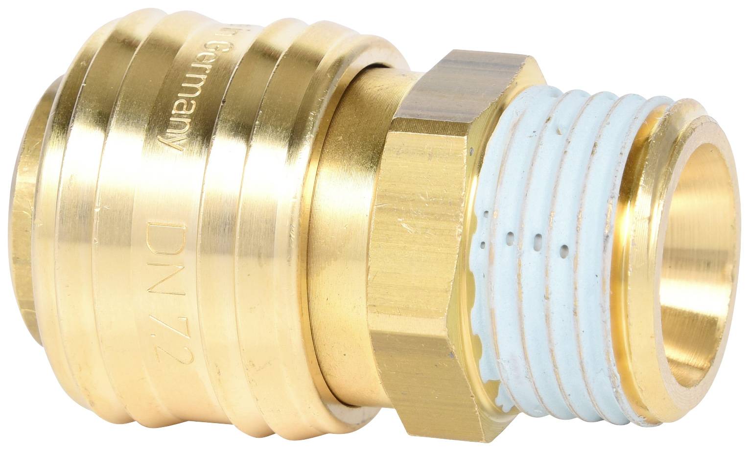 Pressluftkupplung aus Messing mit Gewinde und Gummidichtung.