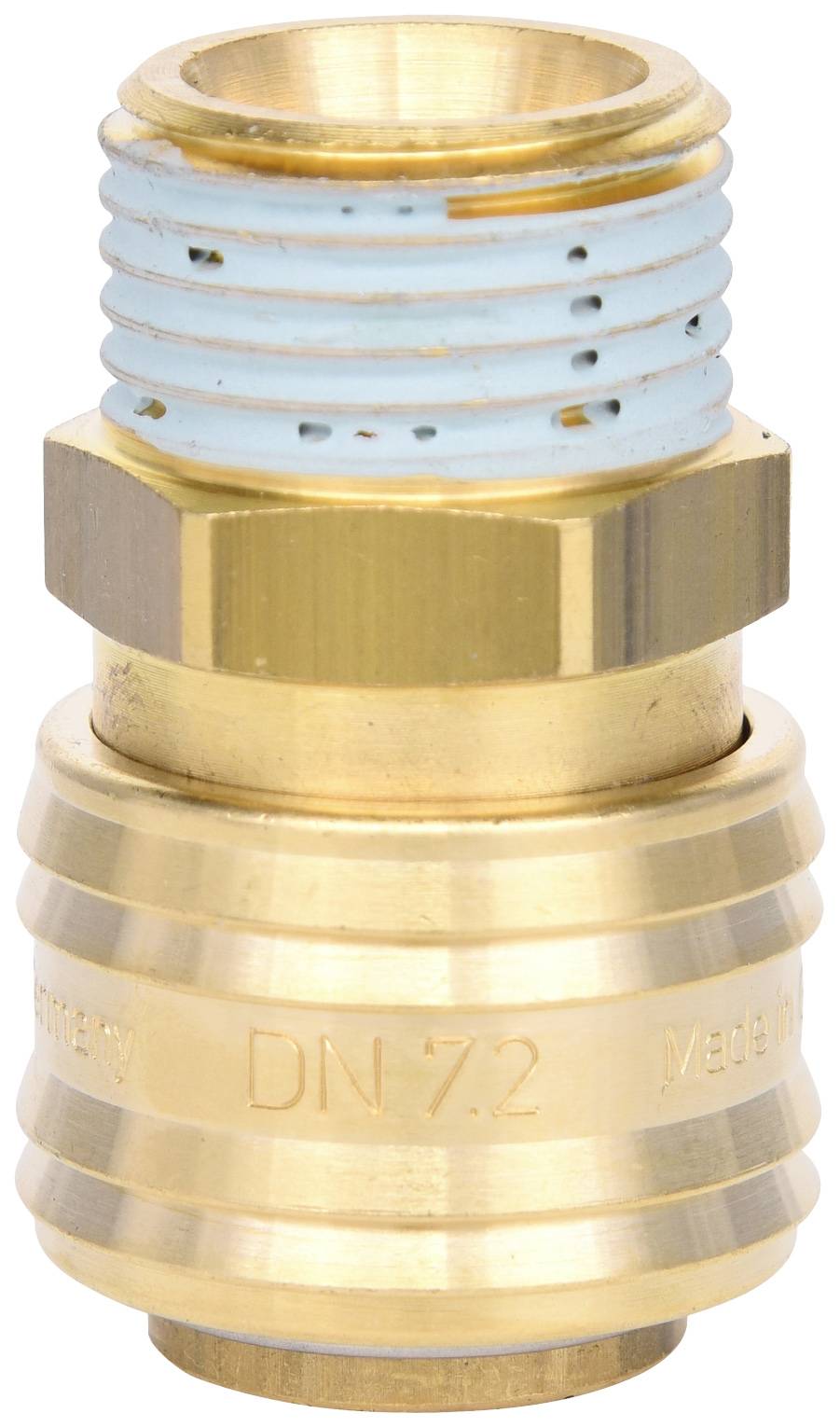 Ein Messing-Verbindungsstück mit blauer Dichtung und der Kennzeichnung 'DN 7.2', geeignet für industrielle Anwendungen.