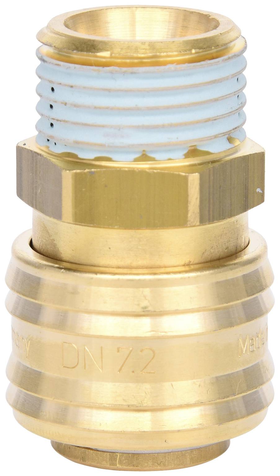 Messing-Schnellkupplung mit Gewinde. Zentrales Element für Rohrverbindungen. Edles Finish, robuster und praktischer Einsatz.