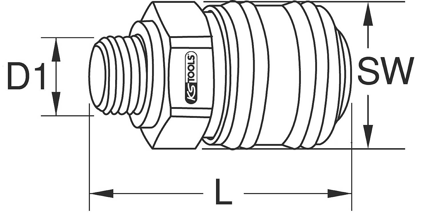 Technische Zeichnung eines zylindrischen Adapters mit Gewinde. Markierungen für Durchmesser (D1), Schlüsselweite (SW) und Länge (L).