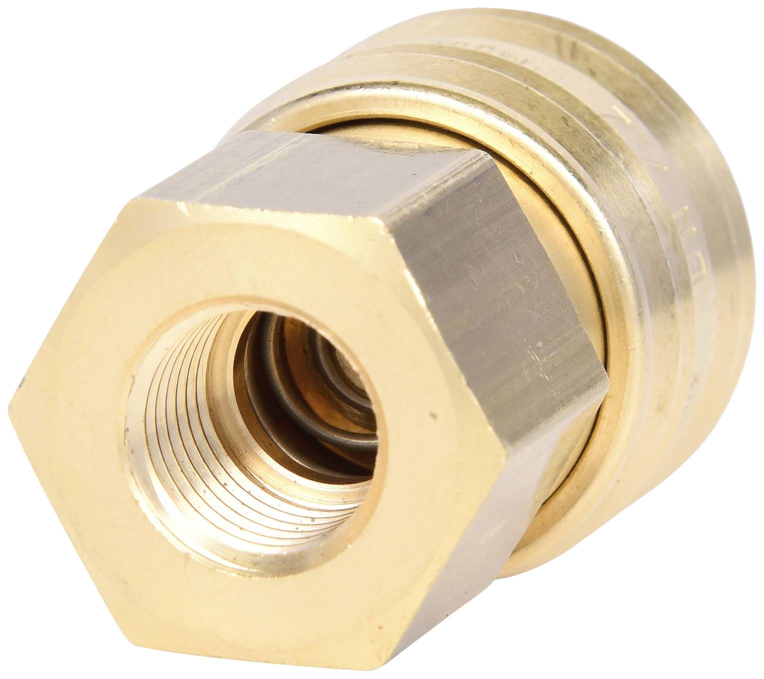 Messing-Verbindungsmutter mit Gewinde und sechseckiger Form, verwendet für Wasser- oder Gasinstallationen.