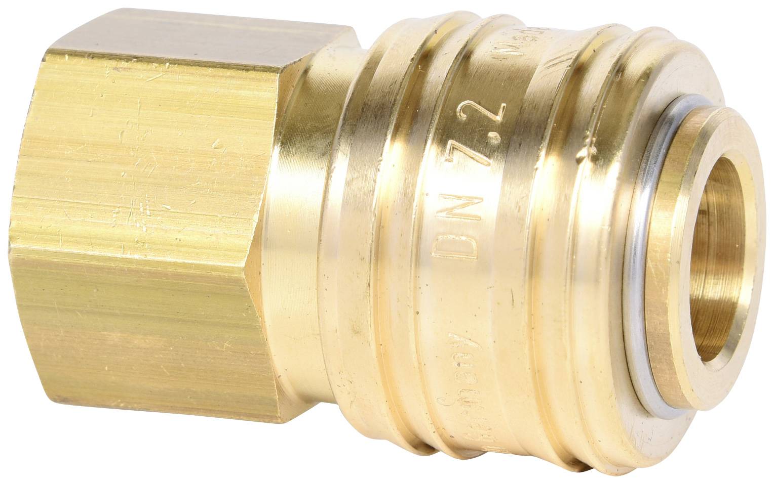 Messing-Schnellverschlusskupplung mit sechseckiger Mutter und gerändeltem Körper, verwendet für schnelle und einfache Verbindungen.