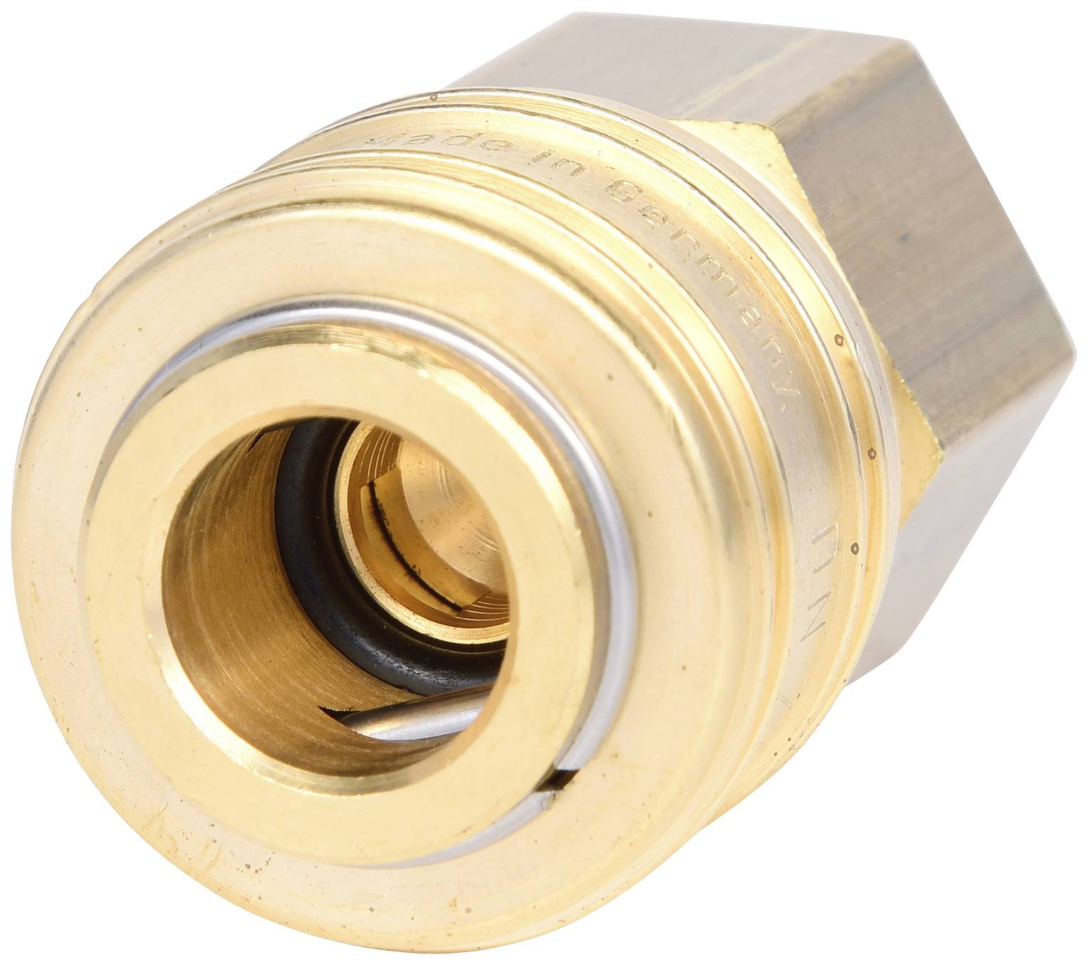 Messing-Heizungsarmatur mit sechseckiger Gewindemutter, zentralem Durchgangsloch. Verwendet zur Steuerung des Wasserflusses.