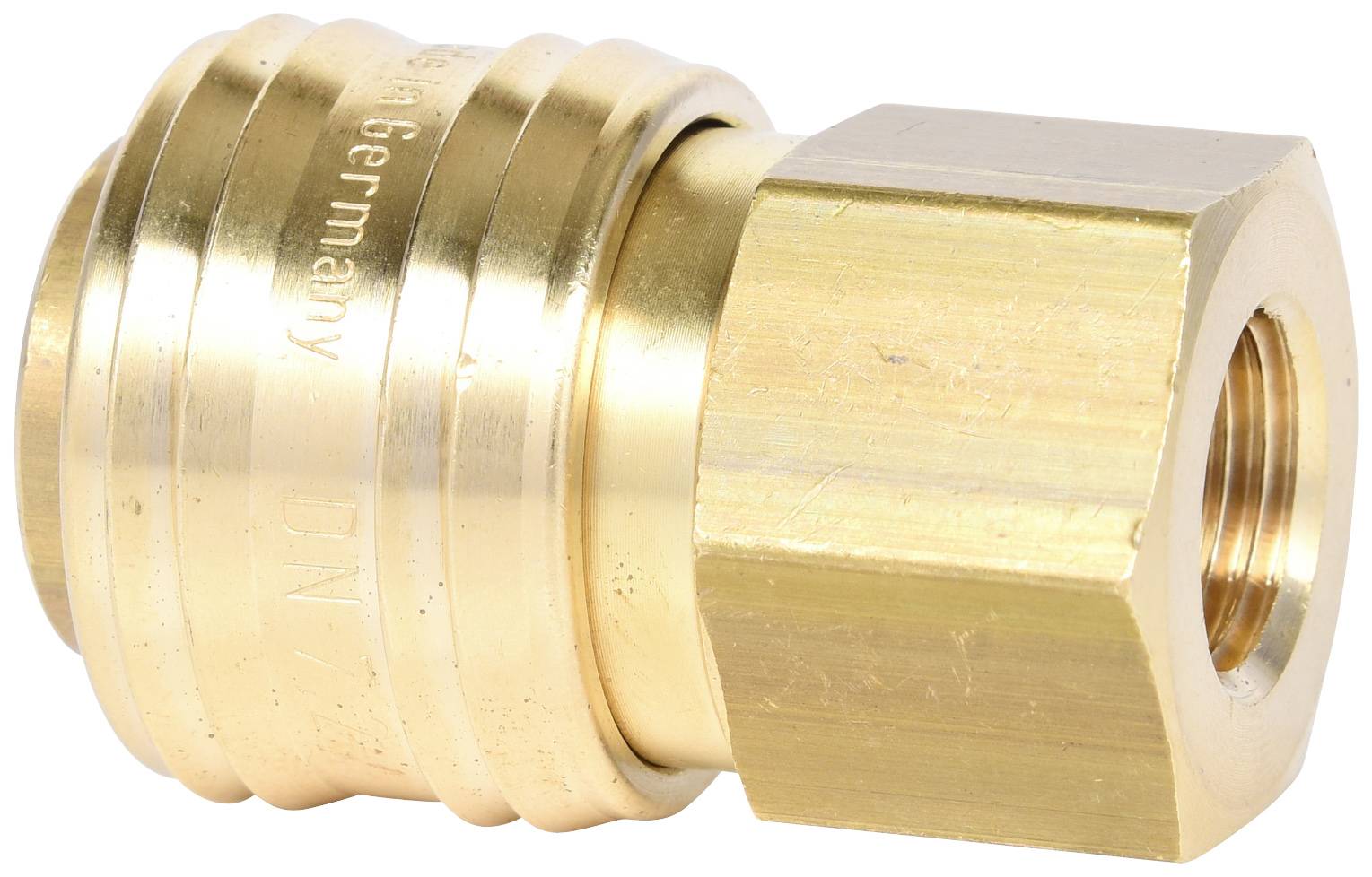 Messing Anschlussbeschlag mit sechseckiger Mutter, geeignet für Rohrverbindungen; robust und korrosionsbeständig.