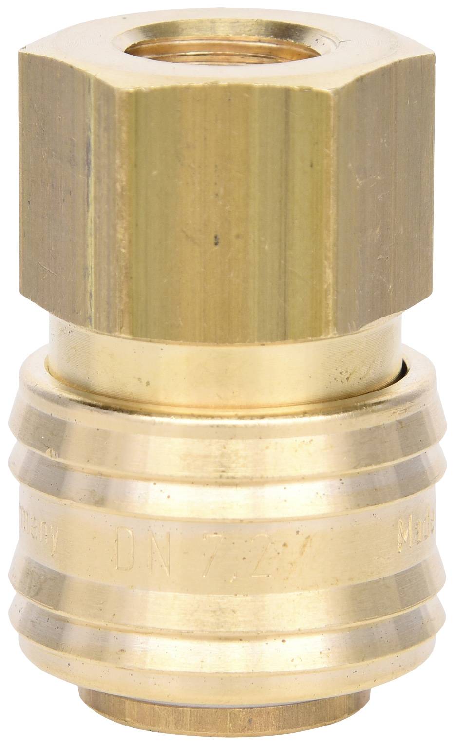 Messingverschraubung mit Sechskantmutter und runden Rillen, geeignet für Sanitär- und Heizungsinstallationen.