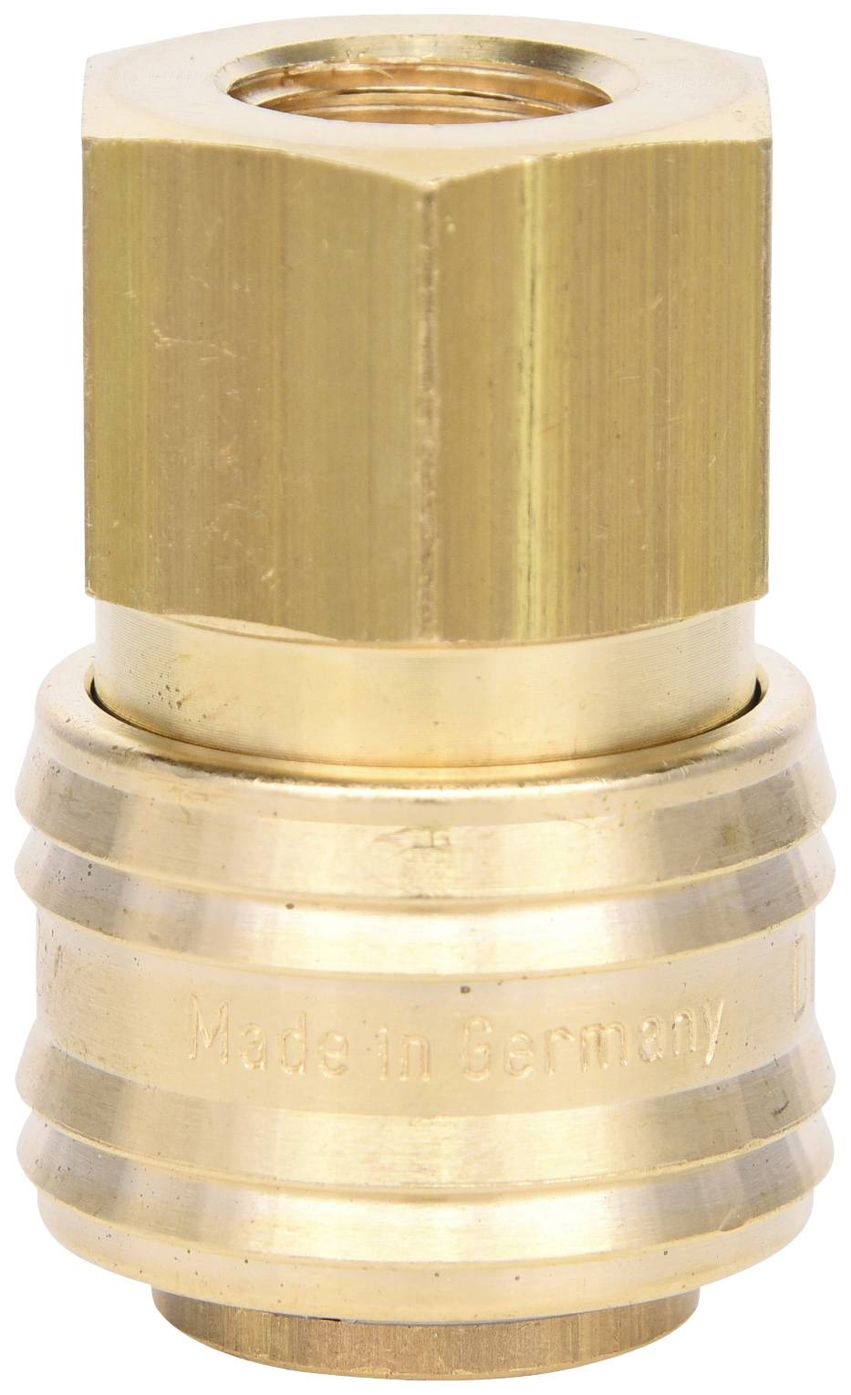 Messing Schnellkupplung mit sechseckiger Form und der Aufschrift 'Made in Germany', wird für Druckluftverbindungen verwendet.