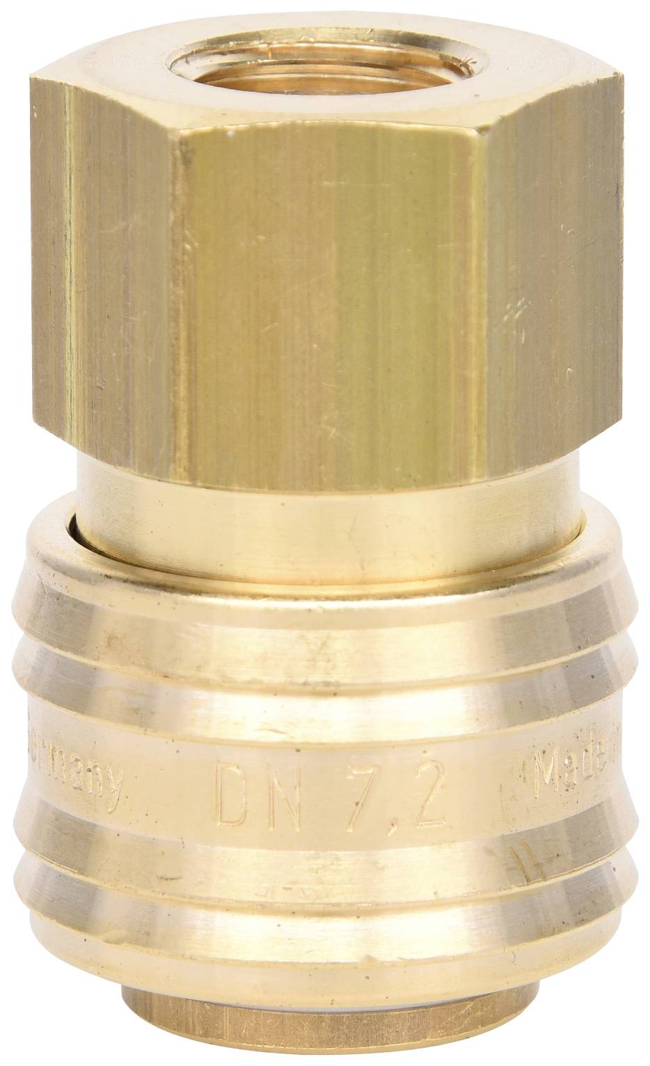 Messing-Schnellkupplung mit sechseckiger Überwurfmutter. Verwendet in Druckluftsystemen zur schnellen Verbindung von Schläuchen und Werkzeugen.