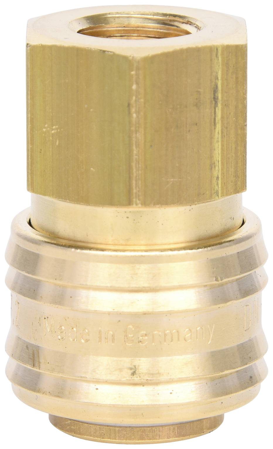 Messing-Schnellkupplung mit sechseckigem Außengewinde. Geprägt mit 'Made in Germany'. Verwendet für Druckluftanwendungen.