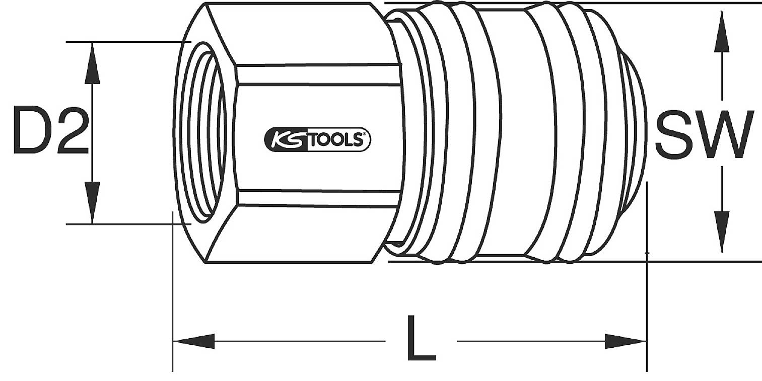 Technische Zeichnung einer Rohrverschraubung. Die Maße sind D2 und SW in der Breite und L in der Länge angegeben. Markenzeichen 'KS TOOLS' auf der Verschraubung.