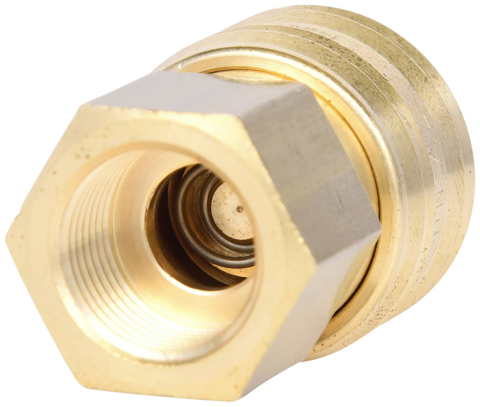 Eine goldfarbene Sechskantmutter mit Öffnung nach vorne, oft für Rohrverbindungen verwendet.