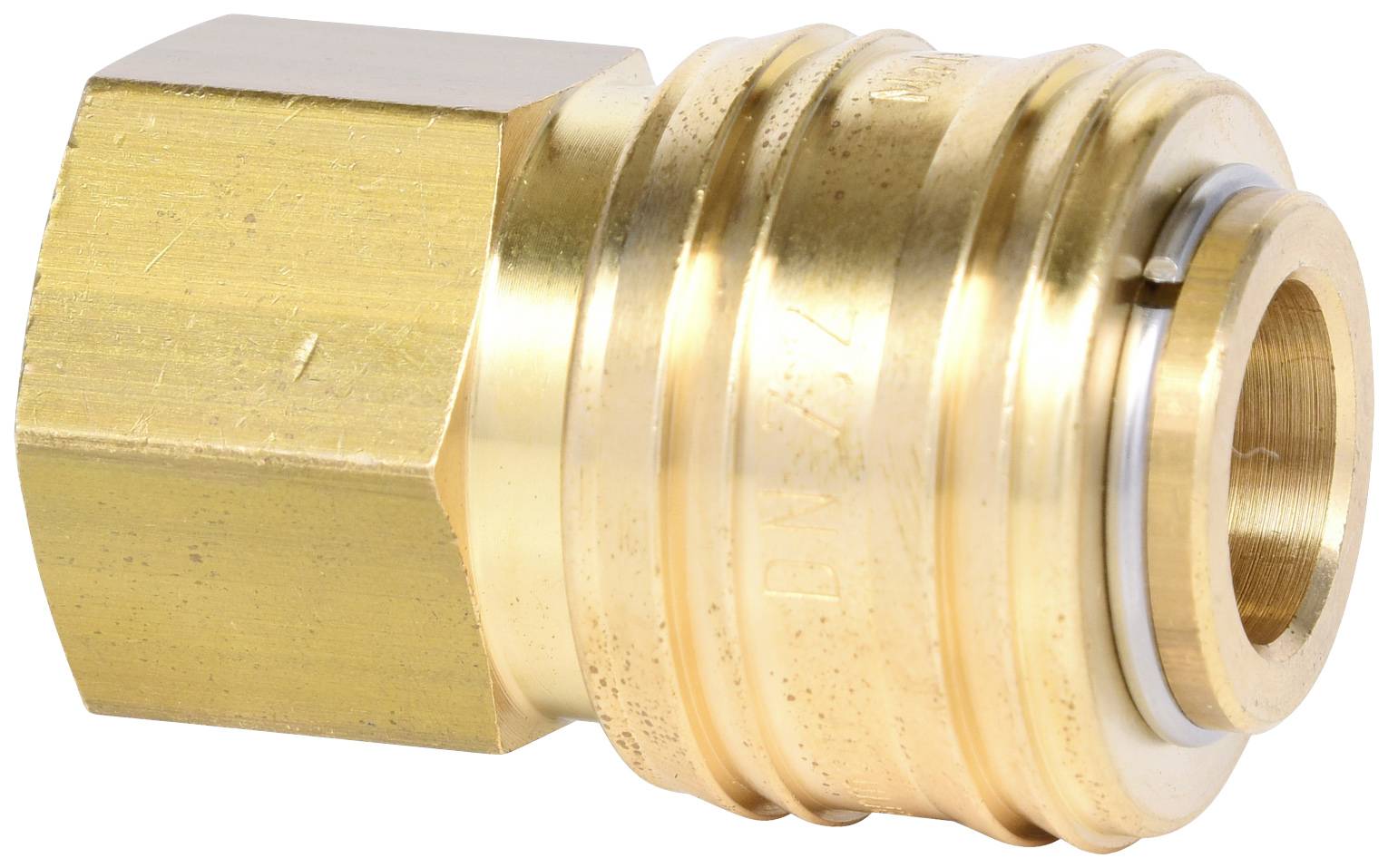 Messing-Steckanschluss mit sechseckiger Mutter, geeignet für verschiedene Rohrverbindungen.