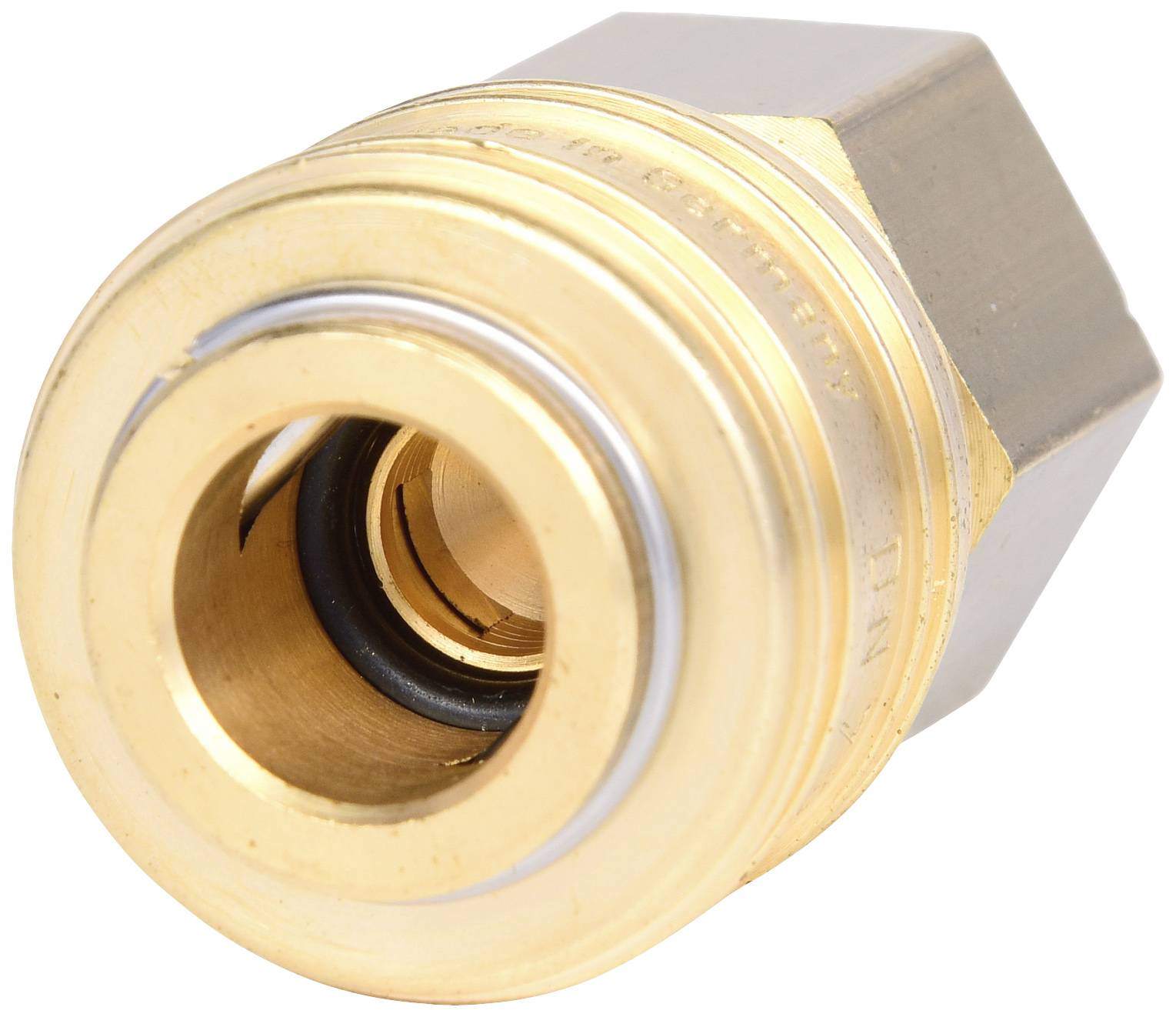 Messing-Sechskant-Adapter mit Innengewinde und eingesetztem O-Ring, geeignet für hohe Druckverbindungen in hydraulischen Systemen.