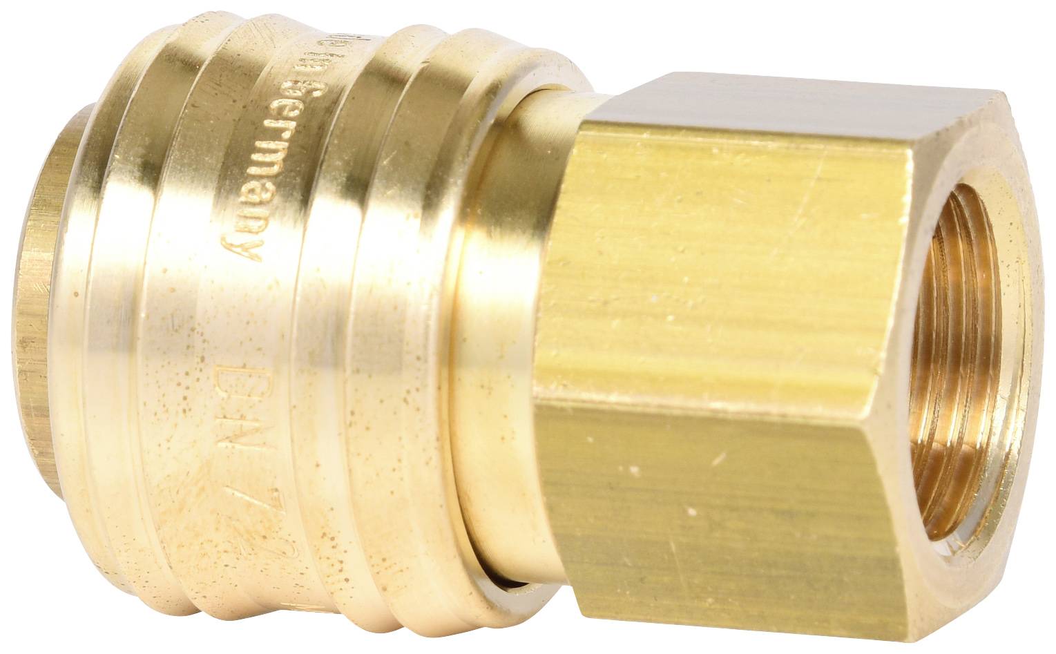 Messing-Hydraulikanschluss mit sechseckiger Schraubverbindung und glatter Oberfläche, zur Verbindung von Rohren oder Schläuchen.