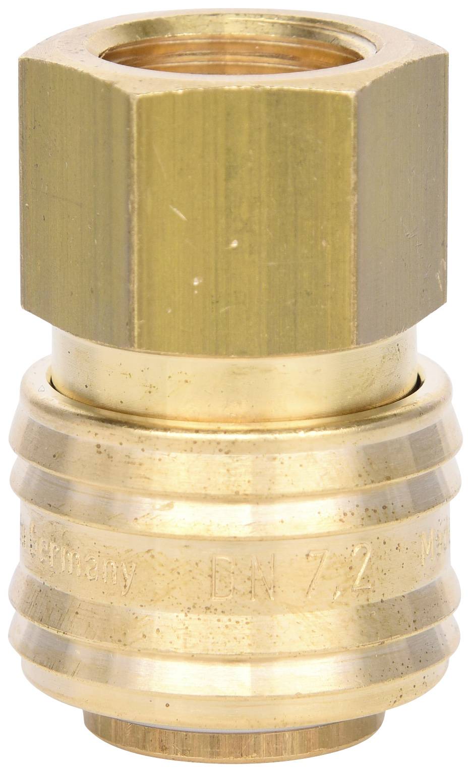 Ein goldfarbener Metallanschluss mit sechseckigem oberen Teil und gerillter Basis, häufig verwendet für Druckluftsysteme.