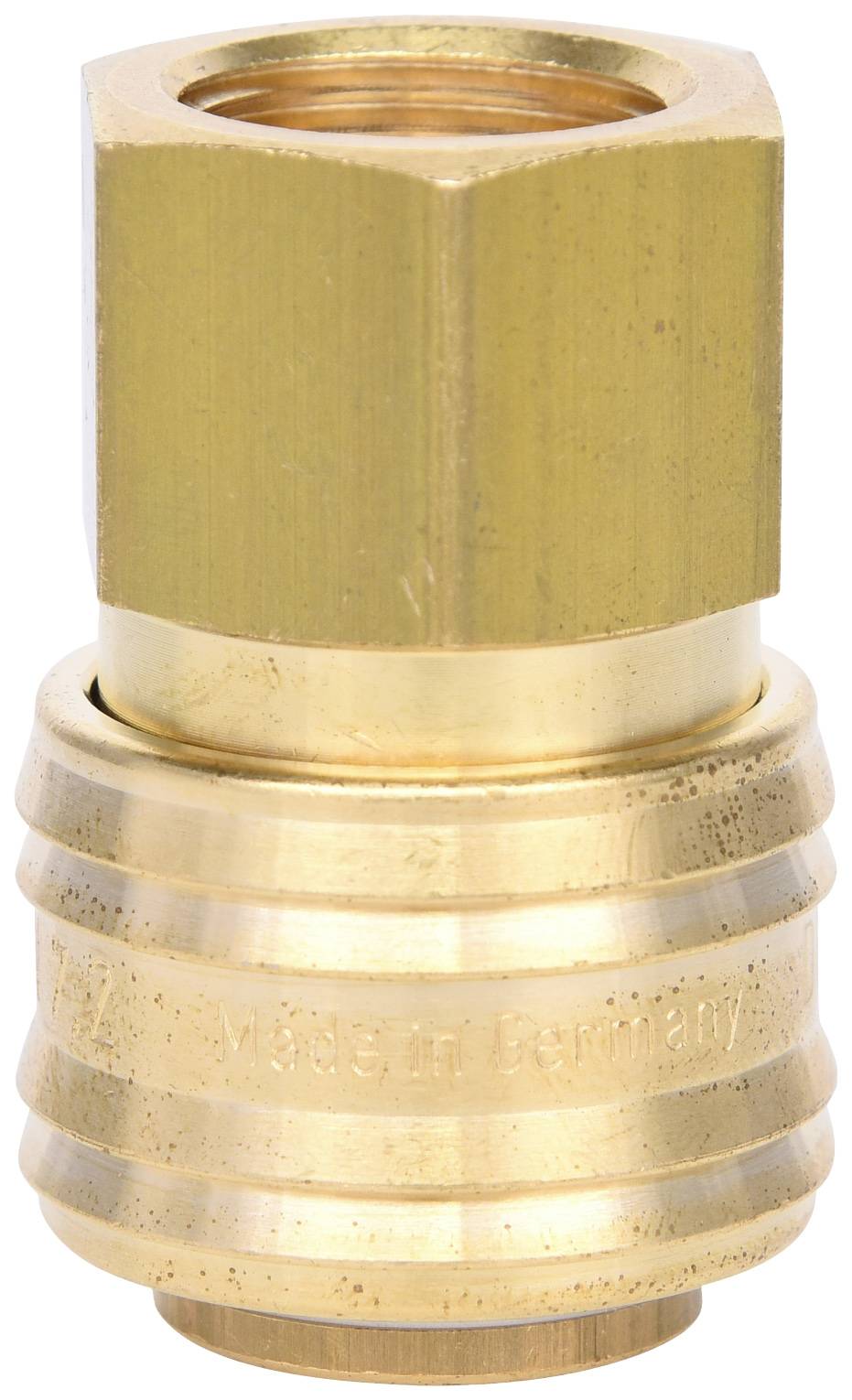 Messing-Schnellkupplung, zylindrische Form, mit Aufschrift 'Made in Germany'. Verwendet für einfache Verbindung von Schläuchen oder Rohren.