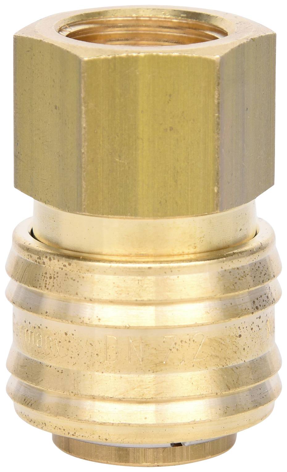 Messing Schnellkupplung, zylindrisch geformt, zur schnellen Verbindung von Rohren oder Schläuchen in hydraulischen Systemen.