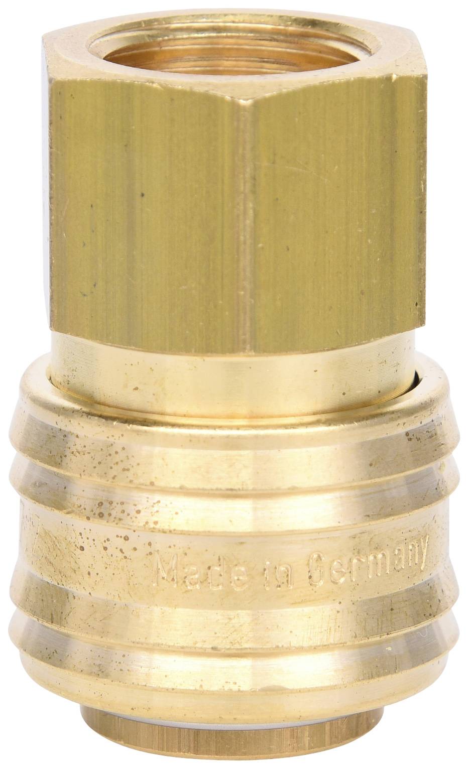 Messingkupplung mit Schriftzug 'Made in Germany'. Zylindrische Form mit gerilltem Basisring. Verwendet für Rohrverbindungen.