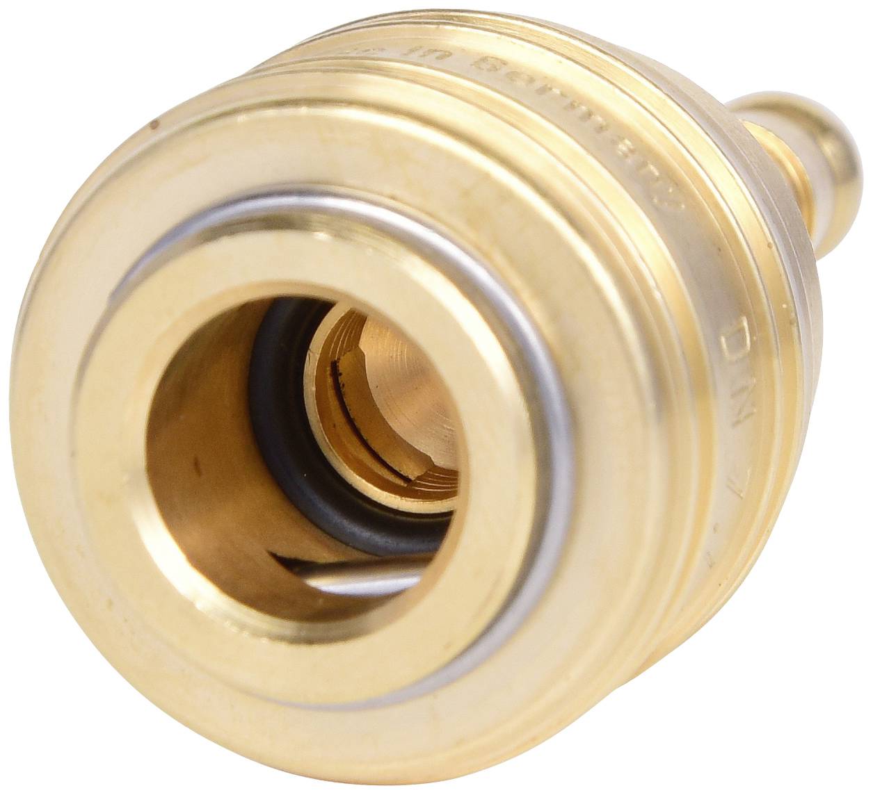 Messing-Schnellkupplung mit Gummidichtung, geeignet für Wasseranschlüsse in Garten- oder Industrieschläuchen.