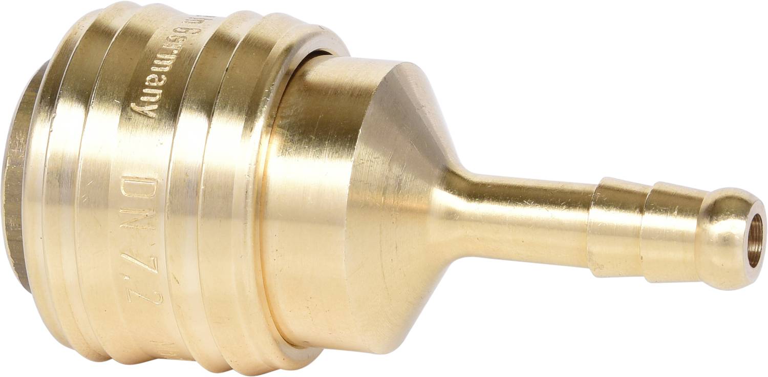 Goldener Schnellverschluss aus Metall mit glatter Oberfläche und Rillen. Geeignet für Druckluftsysteme und Verbindungen.