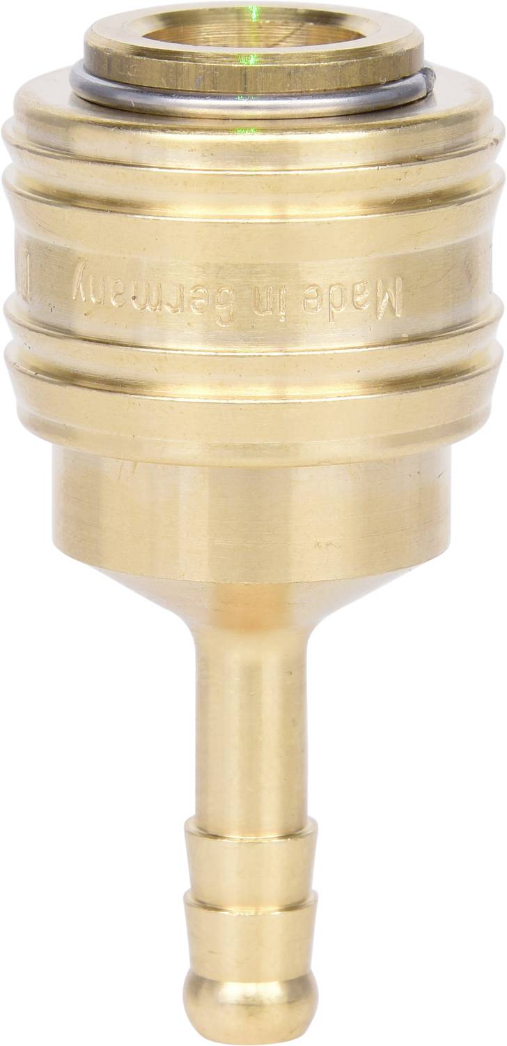 Eine goldene Messing-Schnellkupplung für Schläuche, glatt und zylindrisch, mit Ringen und einer konischen Spitze, geeignet für Stecksysteme.