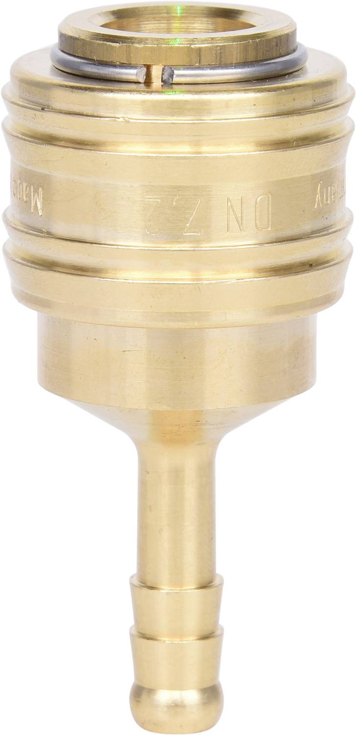 Messing-Anschlussbeschlag mit Steckverbindung und grünem Markierungsring oben. Verwendet für Rohrleitungen oder Schläuche.