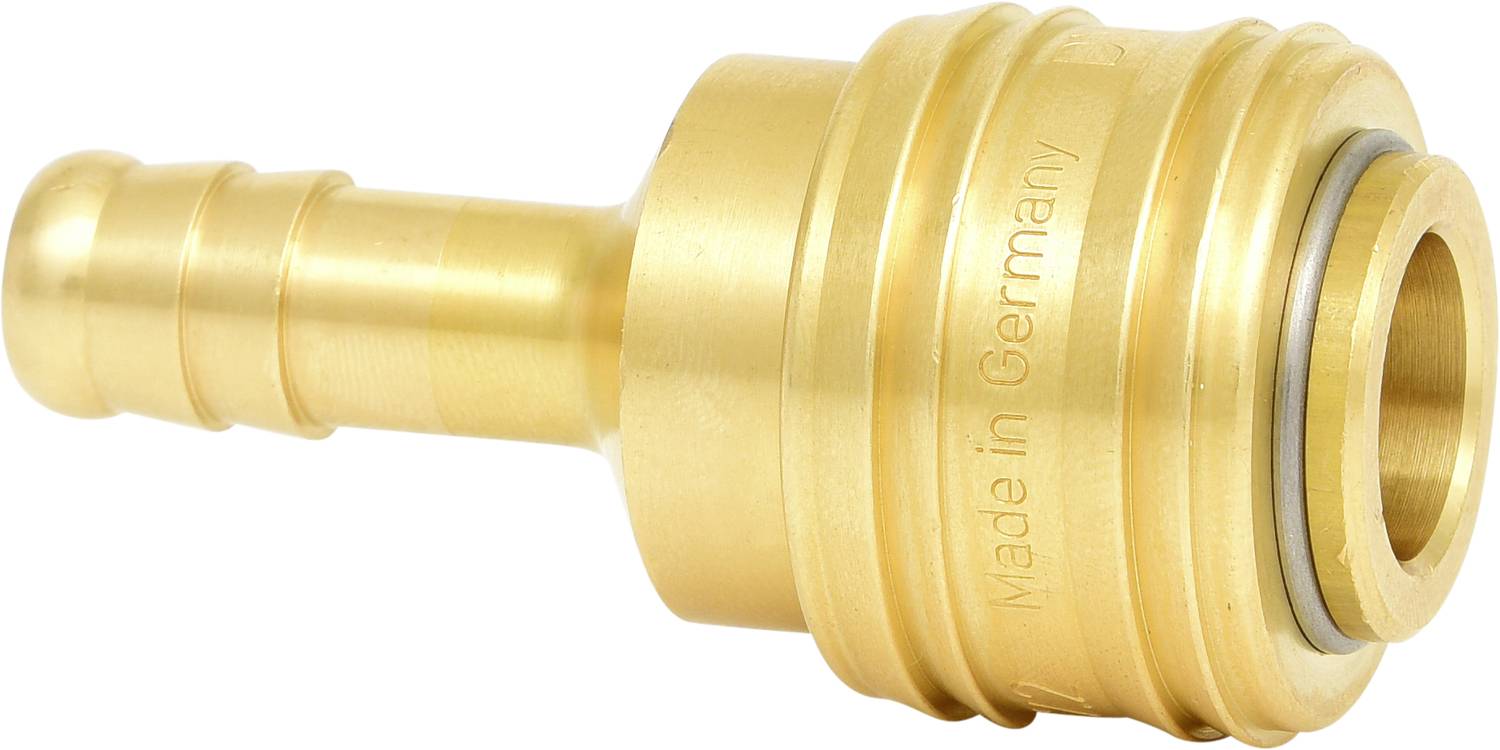 Messing-Schlauchverbinder mit gerippter Düse und Aufschrift 'Made in Germany'. Wird für die Verbindung von Schläuchen verwendet.