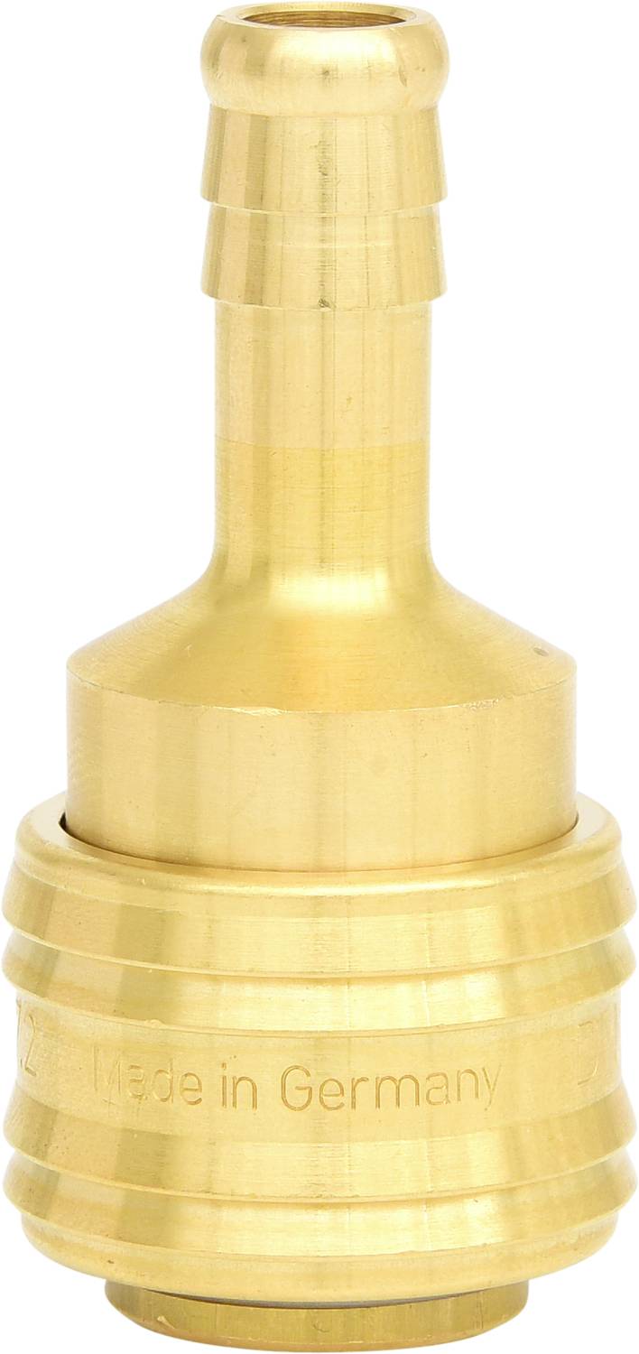 Messinganschluss mit Schlauchadapter, graviert mit 'Made in Germany'. Verwendet zum Verbinden von Schläuchen und Wasserleitungen.