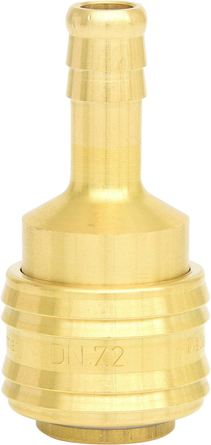 Messing-Schlauchanschluss mit geripptem Ende und zylindrischem Körper. Geeignet für Wassersysteme, DN72 ist eingraviert.