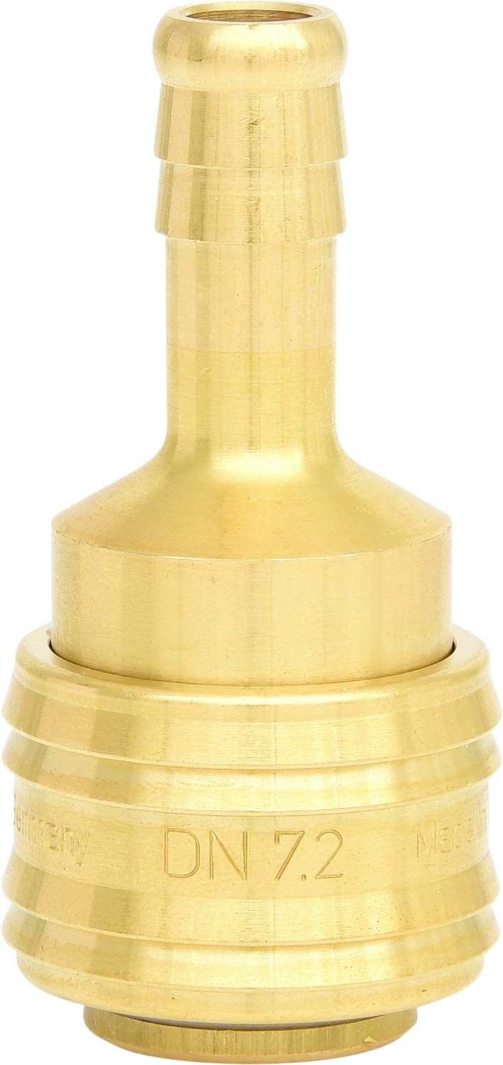 Messing-Schlauchverbinder, DN 7.2, glatt, ohne Rändelung. Geeignet für Druckluftanwendungen, industrielle Qualität.