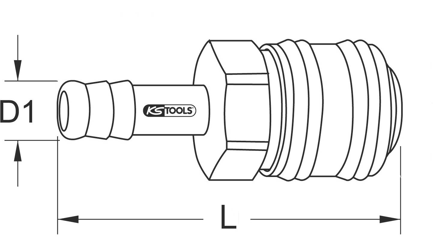 Ein technisches Diagramm eines Steckkupplungsstücks von KS Tools mit den Maßangaben D1 und L.