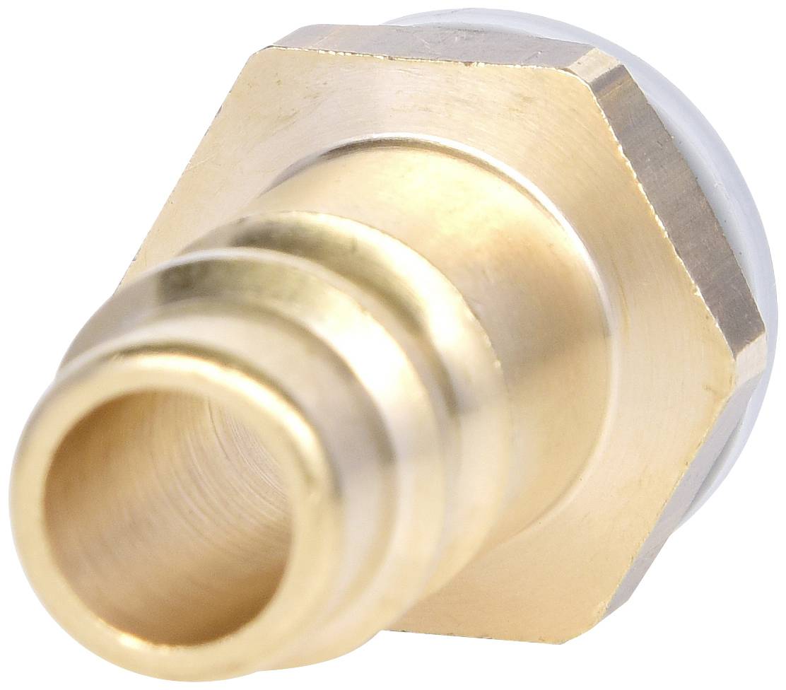 Metallbeschlag mit sechseckigem Kopf und gewelltem Rohranschluss zur Verbindung von Rohren, aus Messing gefertigt.