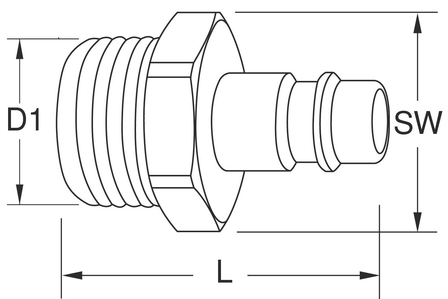 Diagramm eines Stecknippels mit den Maßen D1 für Gewindedurchmesser, SW für Schlüsselweite und L für Länge. Zeigt Bauteilproportionen.