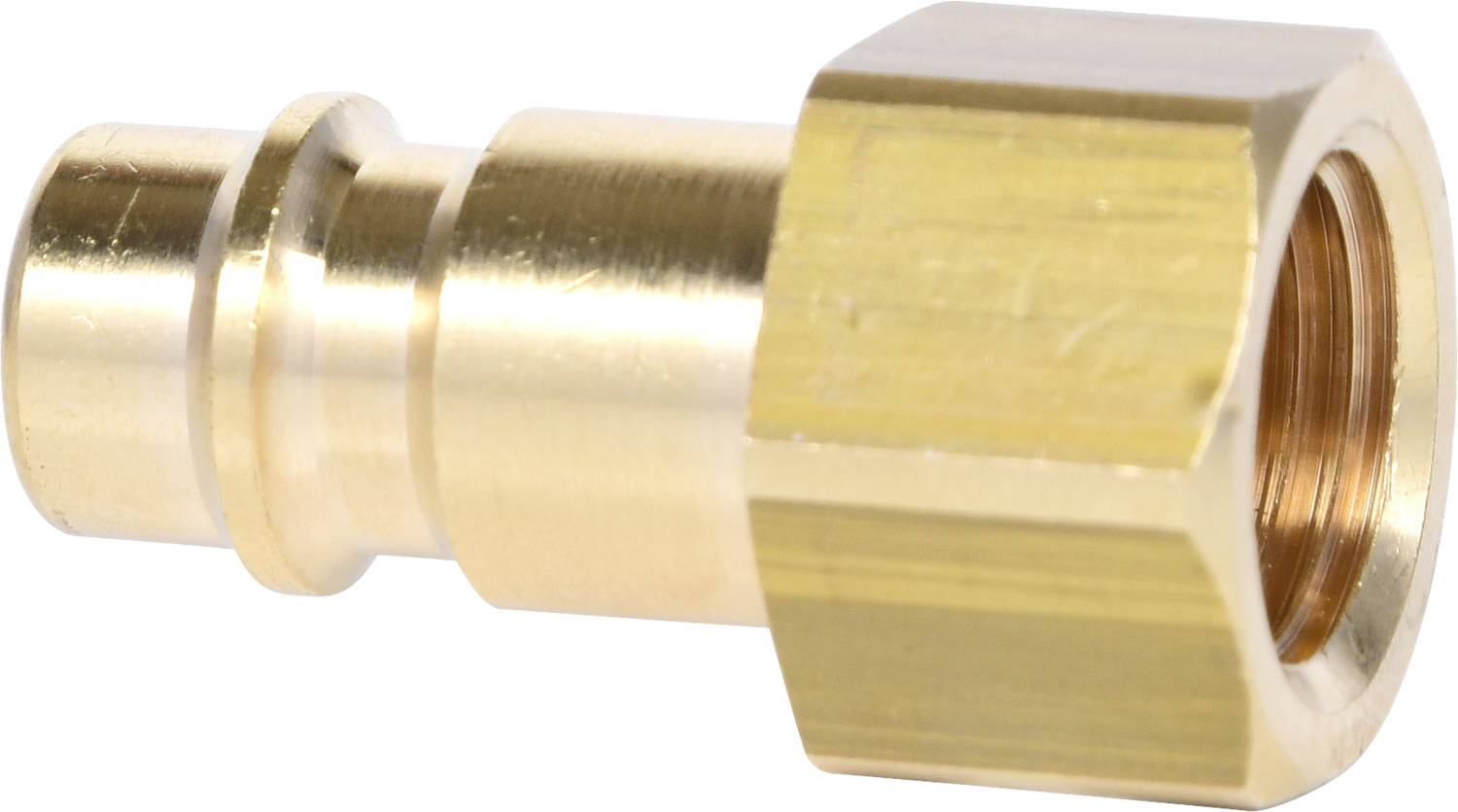 Messinganschlussstück mit sechseckiger Mutter. Verwendet zur Verbindung von Rohren oder Schläuchen in hydraulischen oder pneumatischen Systemen.