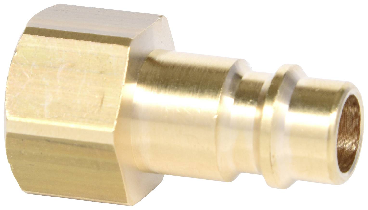 Messing-Steckverbinder mit sechseckigem Gewinde, geeignet für den Anschluss von Druckluftleitungen.