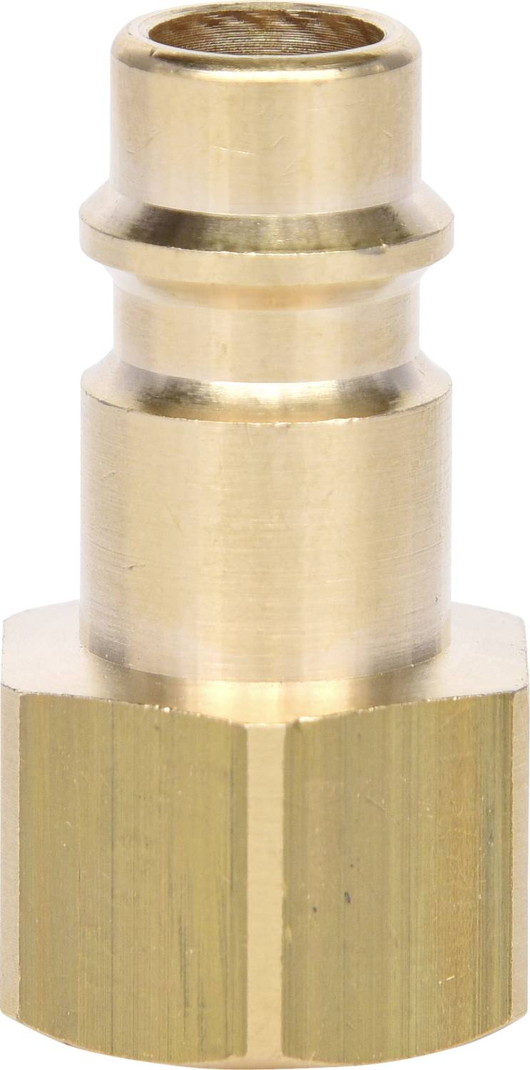 Messingfarbener Verbinder mit geriffeltem Schaft und breitem, sechseckigem Ende. Verwendet für Druckluftsysteme oder hydraulische Verbindungen.