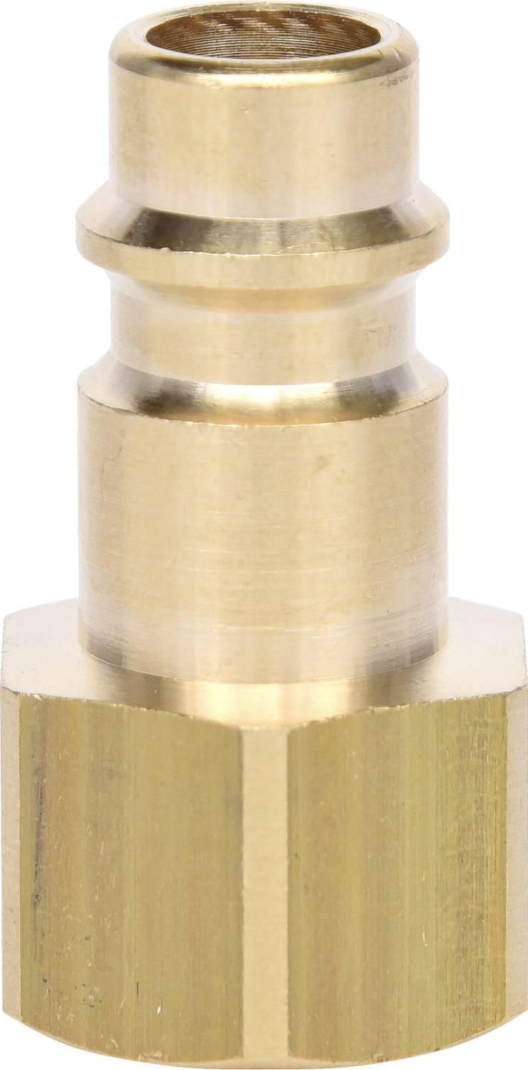 Messingfarbener Stecknippel aus Metall mit einer breiten Sechskantbasis. Verwendet für Druckluftverbindungen in Werkstätten.