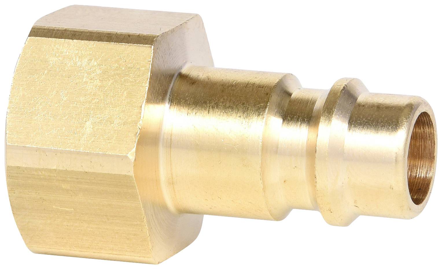 Eine Messingkupplung mit sechskantiger Mutter und abgerundeter Spitze, typischerweise für Rohr- oder Schlauchverbindungen verwendet.