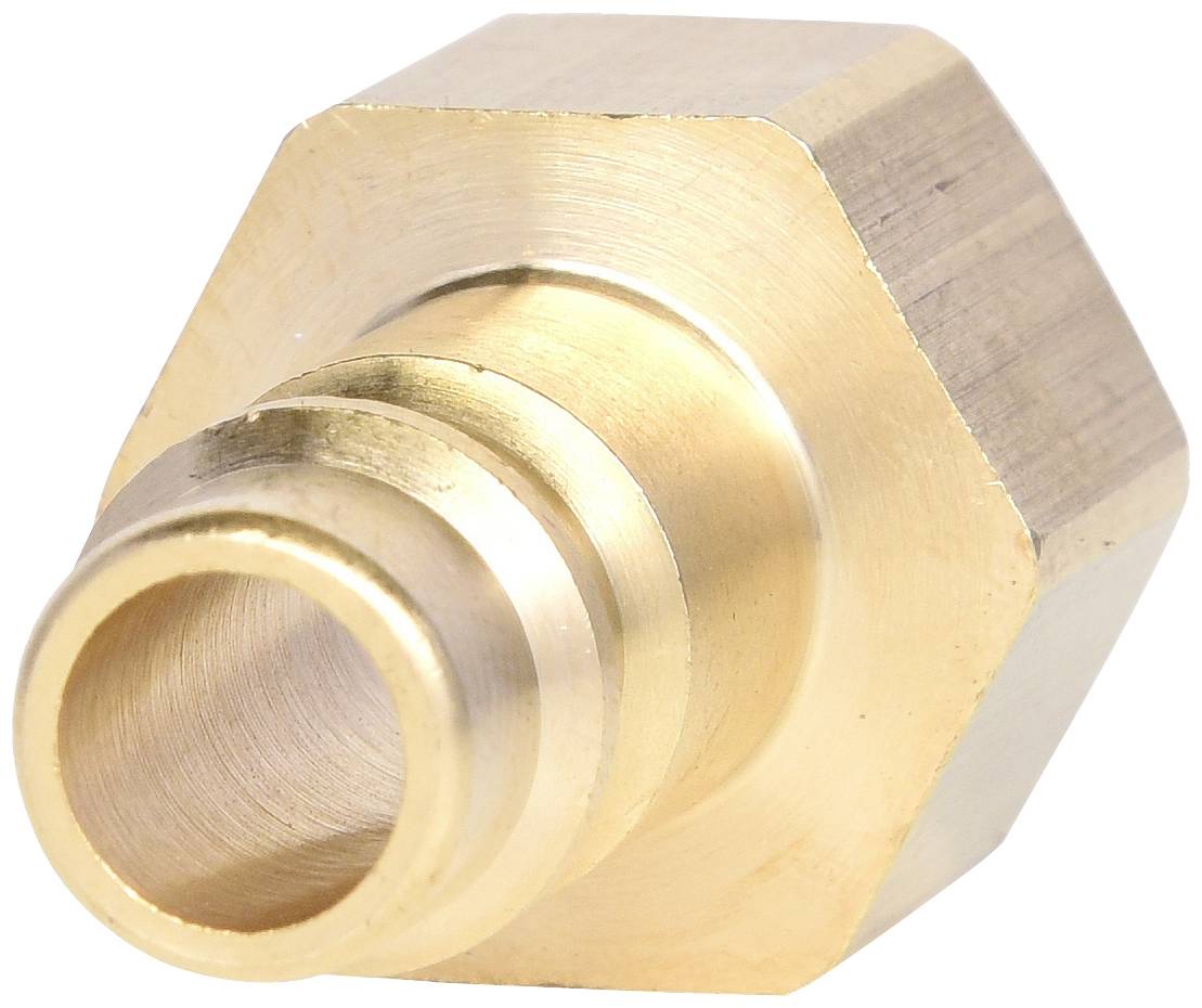 Messingadapter mit sechseckiger Form und zylindrischem Anschluss. Verbindet unterschiedliche Schlauchdurchmesser.