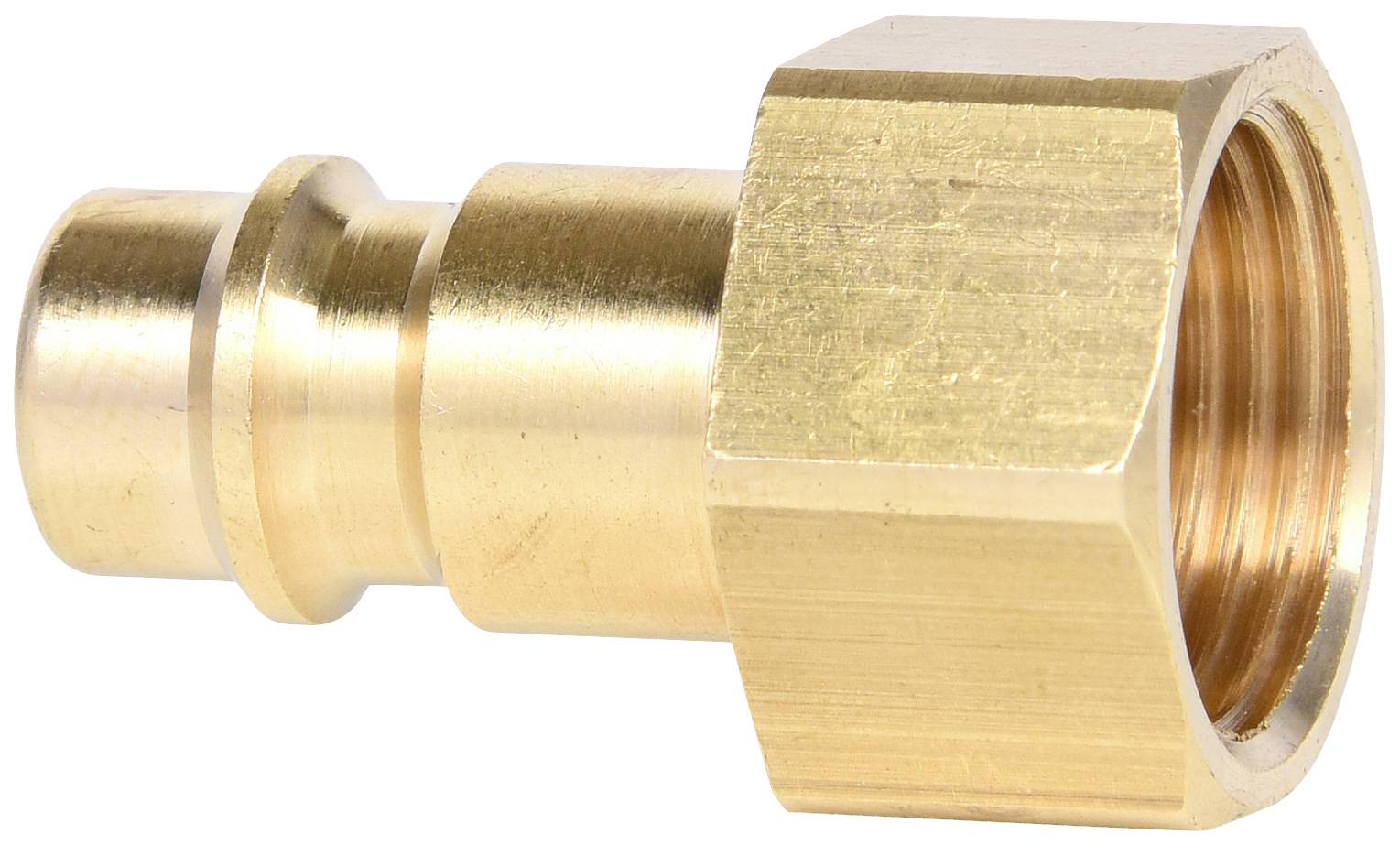 Ein Metalladapter mit Gewinde auf der einen Seite und einer glatten, zylinderförmigen Verbindung auf der anderen, für Rohrsysteme.