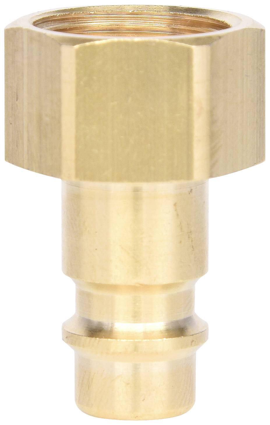 Messing-Steckverbinder mit sechseckigem Gewinde und glatter Oberfläche, geeignet für Schlauchverbindungen.